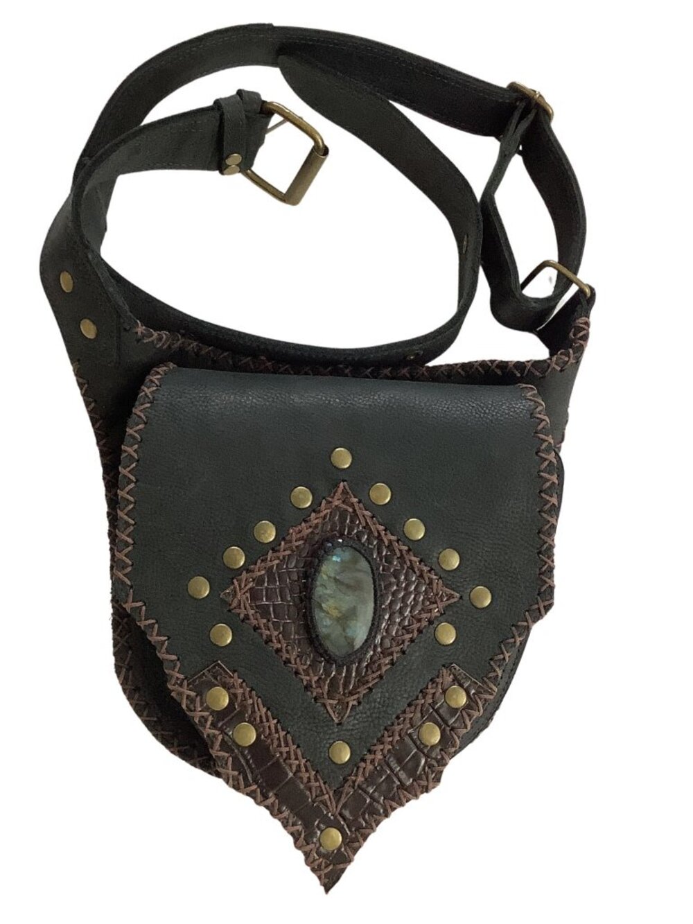 Southwestern Belt Bag Artisan Stone Embellished Western Black Leather NOS